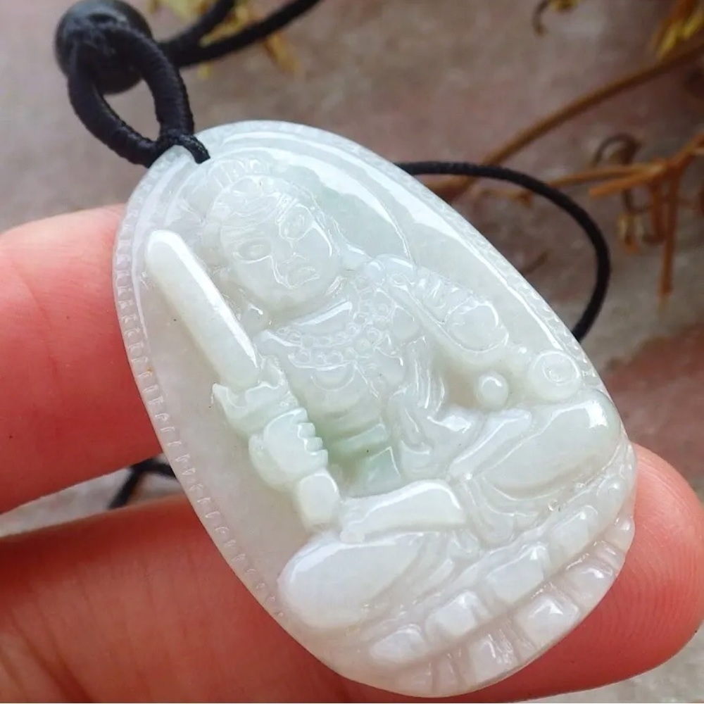 GRADE A Burmese Light Green Jadeite Jade OOAK Hand Carved Samurai Unisex Pendant